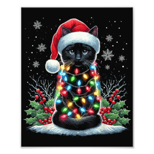 Black Cat Christmas Santa Hat Funny Meowy Cat Photo Print