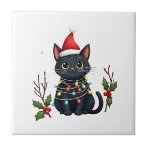 Black Cat Christmas Santa Hat Funny Meowy Cat T-Sh Tile