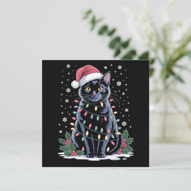 Black Cat Christmas Santa Hat Funny Meowy Cats  Holiday Card (Standing Front)