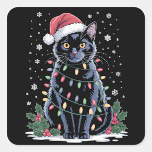 Black Cat Christmas Santa Hat Funny Meowy Cats Square Sticker
