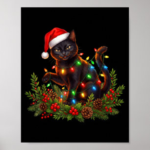 Black Cat Christmas Santa Hat Funny Meowy Cats Wom Poster