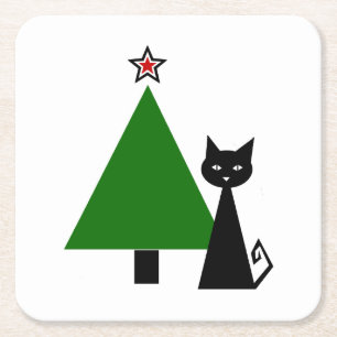 Black Cat Christmas Square Paper Coaster