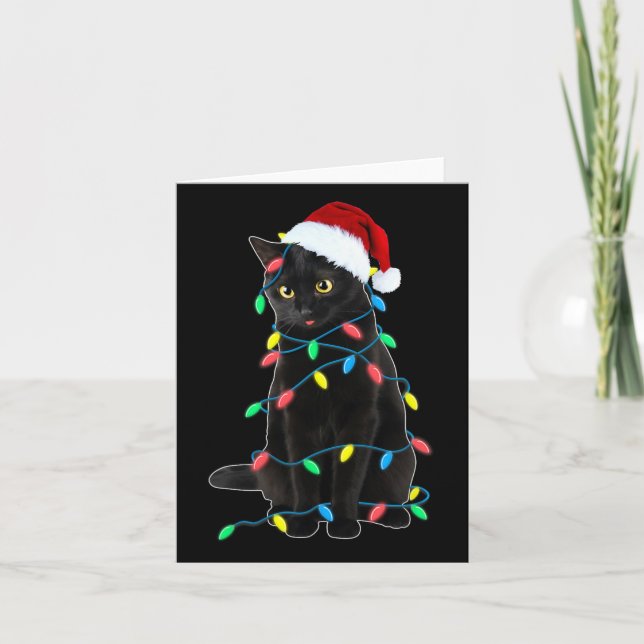 Black Cat Christmas Tree Lights Fun Santa Kitten L Card (Front)