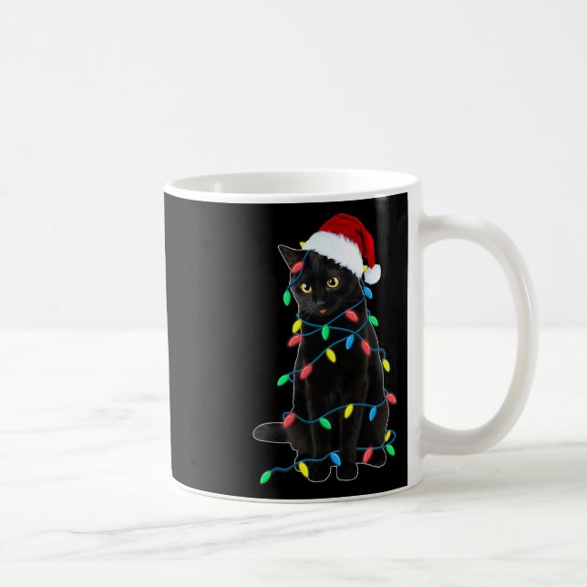 Black Cat Christmas Tree Lights Fun Santa Kitten L Coffee Mug (Right)