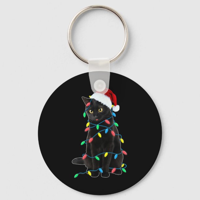 Black Cat Christmas Tree Lights Fun Santa Kitten L Key Ring (Front)