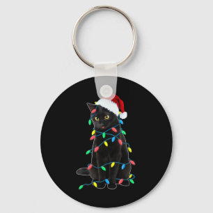 Black Cat Christmas Tree Lights Fun Santa Kitten L Key Ring