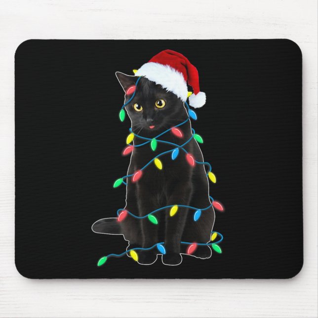 Black Cat Christmas Tree Lights Fun Santa Kitten L Mouse Pad (Front)