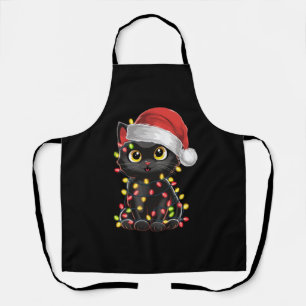 Black Cat Christmas Tree Lights Funny Santa Kitten Apron