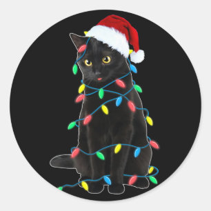 Black Cat Christmas Tree Lights Funny Santa Kitten Classic Round Sticker