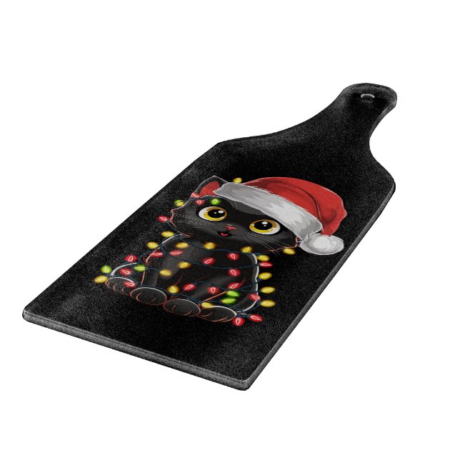 Black Cat Christmas Tree Lights Funny Santa Kitten Cutting Board (Corner)
