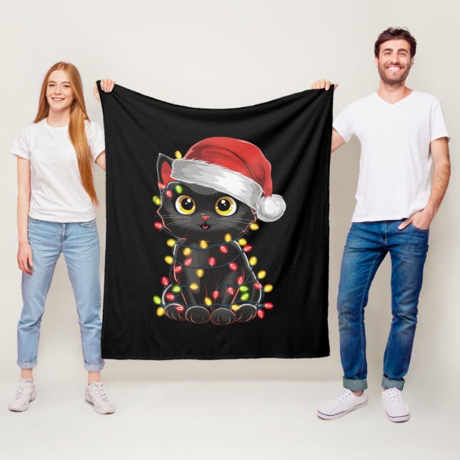 Black Cat Christmas Tree Lights Funny Santa Kitten Fleece Blanket (In Situ)