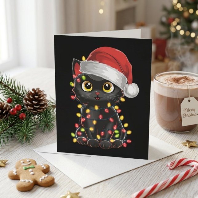 Black Cat Christmas Tree Lights Funny Santa Kitten Holiday Card (Creator Uploaded)