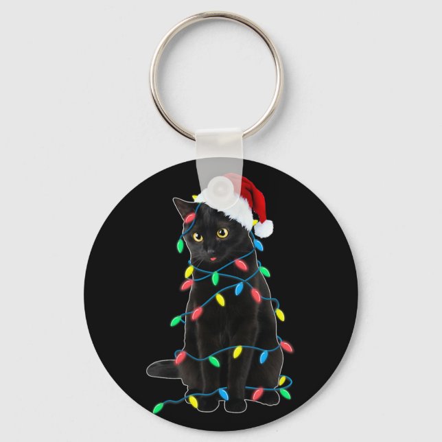 Black Cat Christmas Tree Lights Funny Santa Kitten Key Ring (Front)