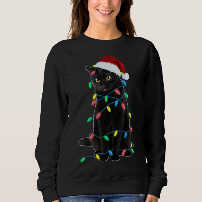 Black Cat Christmas Tree Lights Funny Santa Kitten Sweatshirt (Front)