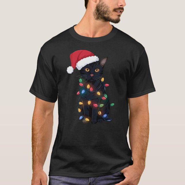 Black Cat Christmas Tree Lights Funny Santa Kitten T-Shirt (Front)
