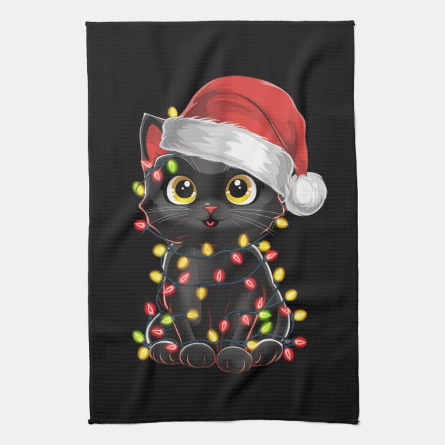 Black Cat Christmas Tree Lights Funny Santa Kitten Tea Towel (Vertical)