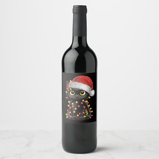 Black Cat Christmas Tree Lights Funny Santa Kitten Wine Label (Front)