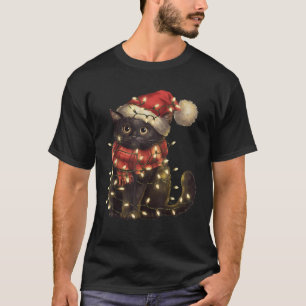 Black Cat Christmas Tree Lights Funny Xmas Men Wom T-Shirt