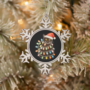 Black Cat Christmas Tree Lights Santa Hat Xmas Snowflake Pewter Christmas Ornament