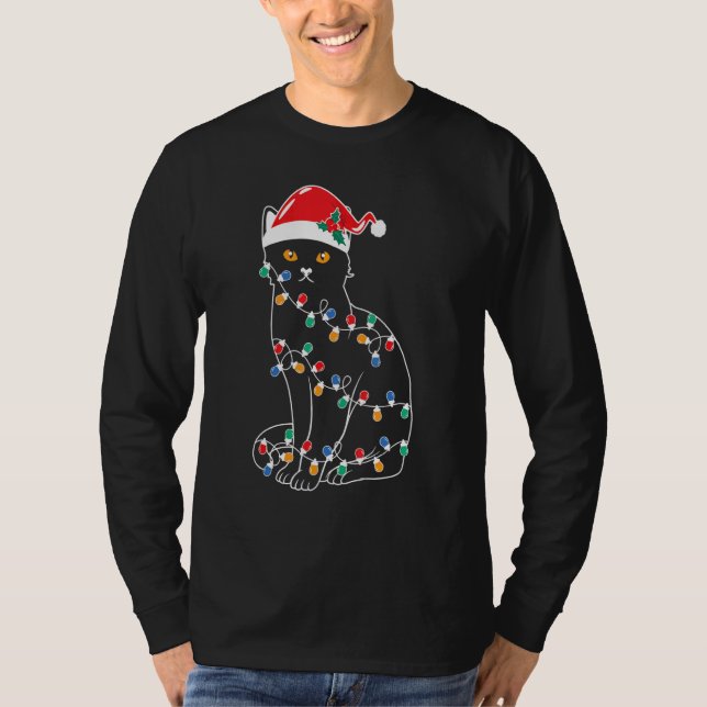 Black Cat Christmas Tree Lights   Santa Kitten Led T-Shirt (Front)