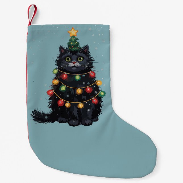 Black Cat Christmas Tree Oil Painting Altered  Small Christmas Stocking (Front)