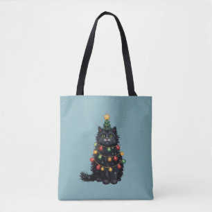 Black Cat Christmas Tree Oil Painting Altered Tote Bag