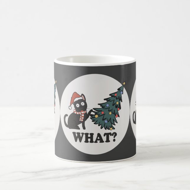Black Cat Christmas Tree Santa Hat Funny What Cute Coffee Mug (Center)