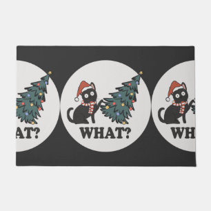 Black Cat Christmas Tree Santa Hat Funny What Cute Doormat
