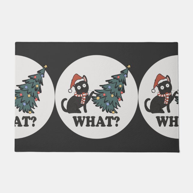 Black Cat Christmas Tree Santa Hat Funny What Cute Doormat (Front)