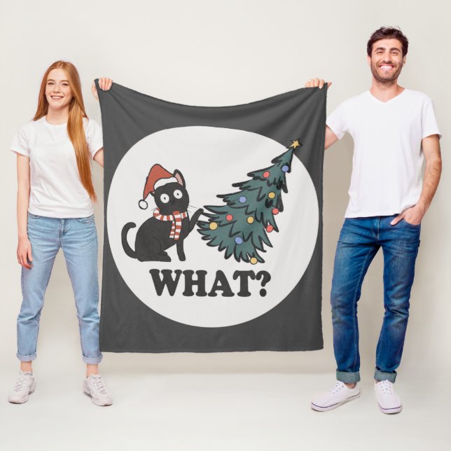 Black Cat Christmas Tree Santa Hat Funny What Cute Fleece Blanket (In Situ)
