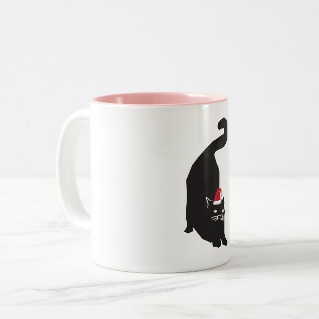 Black Cat Christmas Two-Tone Coffee Mug (Front Left)