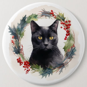 Black Cat Christmas Wreath Festive Kitten 6 Cm Round Badge
