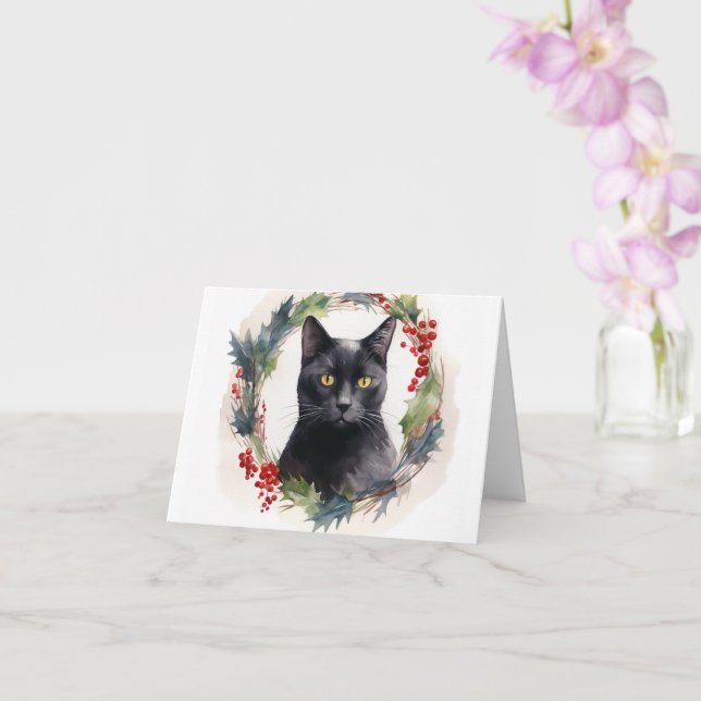 Black Cat Christmas Wreath Festive Kitten Card (Orchid)