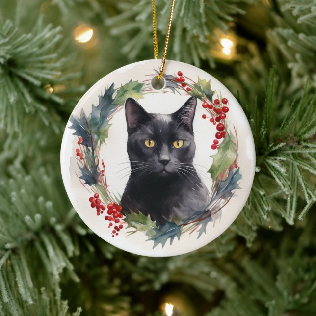 Black Cat Christmas Wreath Festive Kitten Ceramic Tree Decoration (Tree)