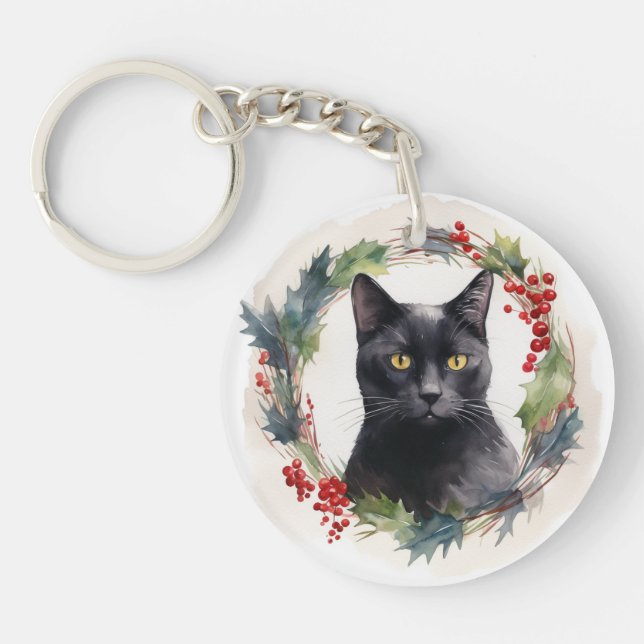 Black Cat Christmas Wreath Festive Kitten Key Ring (Front)
