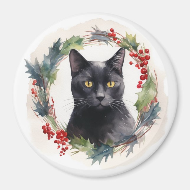 Black Cat Christmas Wreath Festive Kitten Magnet (Front)