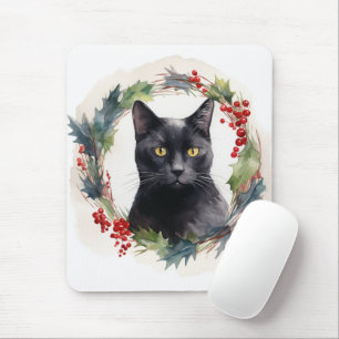 Black Cat Christmas Wreath Festive Kitten Mouse Pad