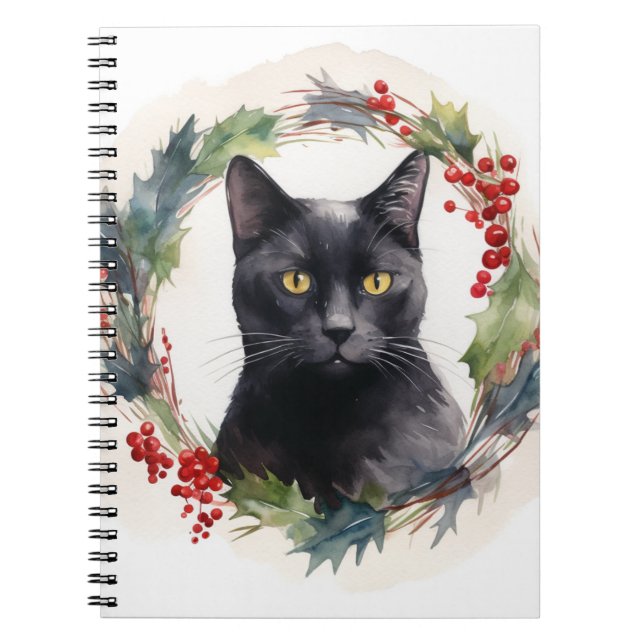 Black Cat Christmas Wreath Festive Kitten Notebook (Front)