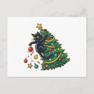 Black Cat Climbing Christmas Tree Funny Postcard