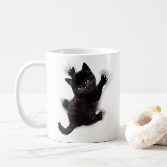 Black Cat Climbing On Human Back Coffee Mug (With Donut)