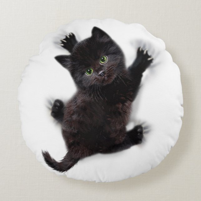 Black Cat Climbing On Human Back Round Cushion (Front)