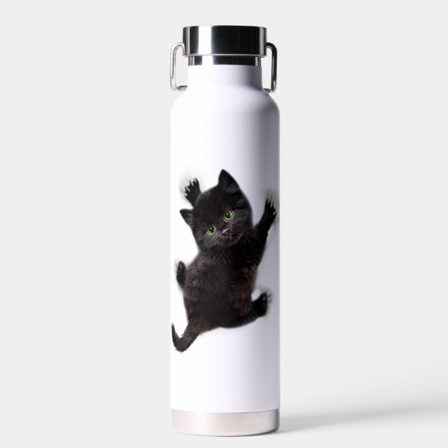Black Cat Climbing On Human Back Water Bottle (Front)