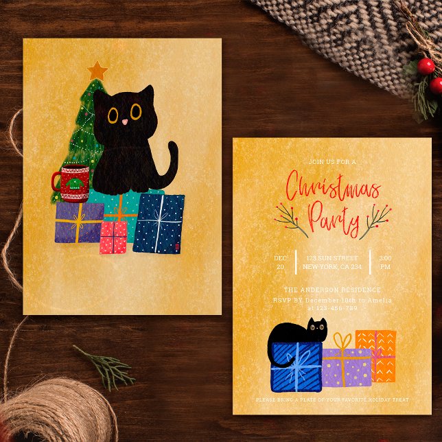 Black Cat Coffee Orange Christmas Party Invitation (Creator Uploaded)