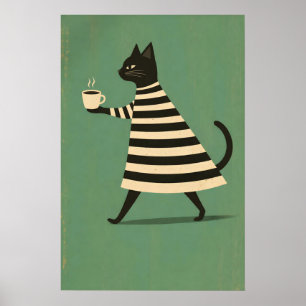 Black Cat Coffee Poster, Minimalist Cat Poster