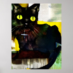 Black Cat Collage Painting Poster