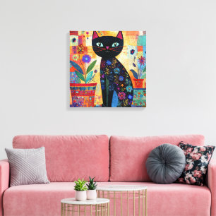 Black Cat Colorful and Whimsical Artwork, Canvas Print