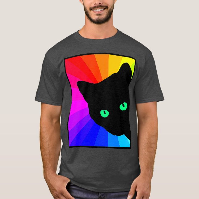 Black Cat Colour Prism Green Eyes  Cat Lover T-Shirt (Front)