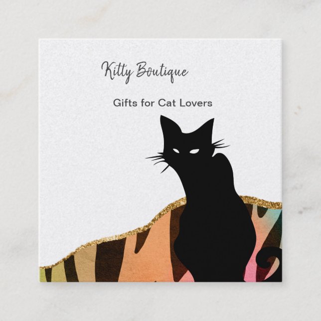 Black Cat Colourful Abstract Square Business Card (Front)