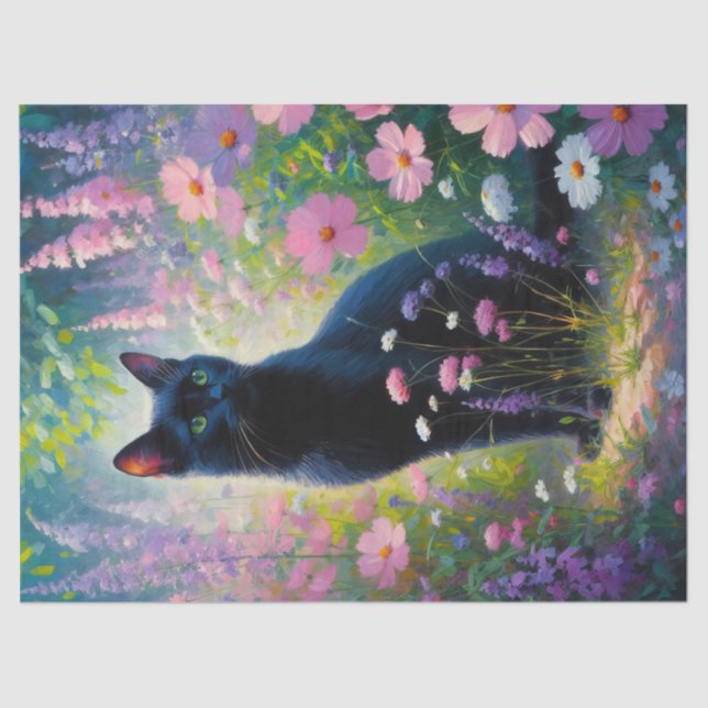 Black Cat Colourful Wildflowers Decoupage Tissue Paper (Front)