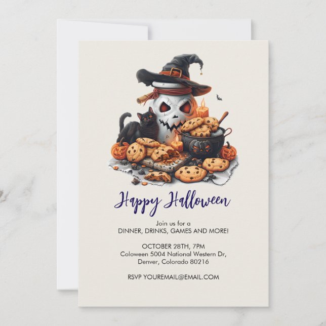 Black Cat, Cookies and Spooky White Jar, Halloween Invitation (Front)